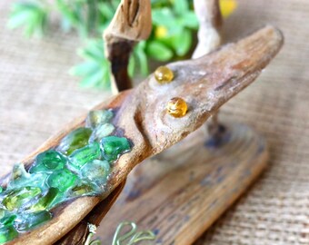 Driftwood crocodile Green sea glass, Man Cave decor, River decor, Swamp rustic art, original art