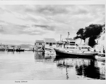 Greek Harbour, Black & White photo, Loggos Paxos  Print,  Wall Hanging, Home Gift, Unframed Photograph