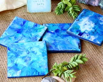 Resin Coasters x 4 Blue Coasters, cup Coasters, Seaside coasters, Kitchen Decor, Living room decor, Nautical