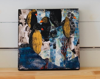 Gelli print abstract bird collage ,  blue, black, mounted  on block wood canvas and varnished