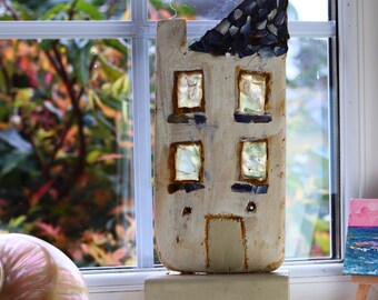 Driftwood Tall House with White sea glass, coastal decor, nautical decor, seaside rustic art, Cottage, original art