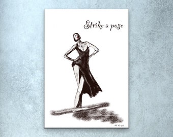 Fashion Print, Contemporary Fashion Poster, Bedroom Decor “Strike a pose “Digital charcoal Wall art, Wall Hanging Poster ,Print