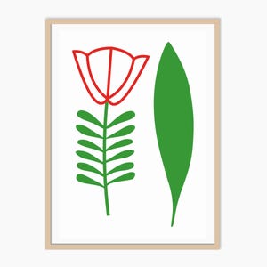 Op de afbeelding: Een rode bloem met groene bladeren en een enkel groen blad rechts. De afbeelding is in een eenvoudige, minimalistische stijl.