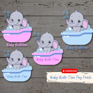 May include: Four digital illustrations of a baby elephant taking a bath in a tub with bubbles. The illustrations are in pink and blue colors. The text "Baby Bath-Time" is written below each illustration.