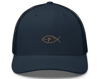 Jesus Fish Symbol Trucker Cap, Embroidered Baseball Hat, Fisherman Christian Cap, Religious Headwear, Christ Symbol, Jesus Initials Dad Cap