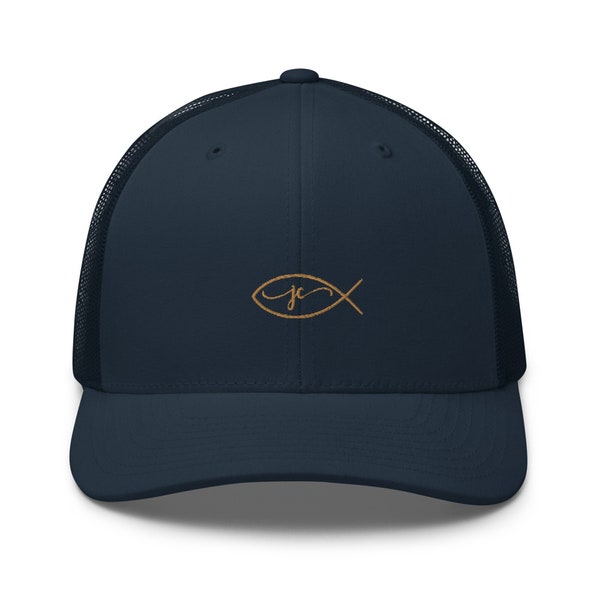 Jesus Fish Symbol Trucker Cap, Embroidered Baseball Hat, Fisherman Christian Cap, Religious Headwear, Christ Symbol, Jesus Initials Dad Cap