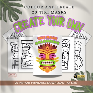 May include: A digital collection of 20 printable A4 size coloring pages featuring tiki masks. The central page displays a colorful tiki mask with the text TIKI MASK COLOURING, surrounded by black and white line art designs of various masks.
