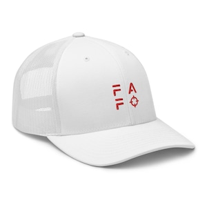 May include: White trucker hat with a red embroidered logo that says "ELF" with a target symbol.