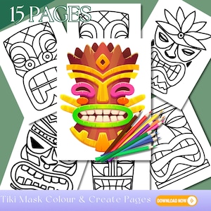 Tiki-Maske sofort-Download, Herunterladbare PDF Färbung Maske, druckbare Papiermaske, Maskenvorlage, 15 Malseiten, Drucken, Farbe Ihrer eigenen