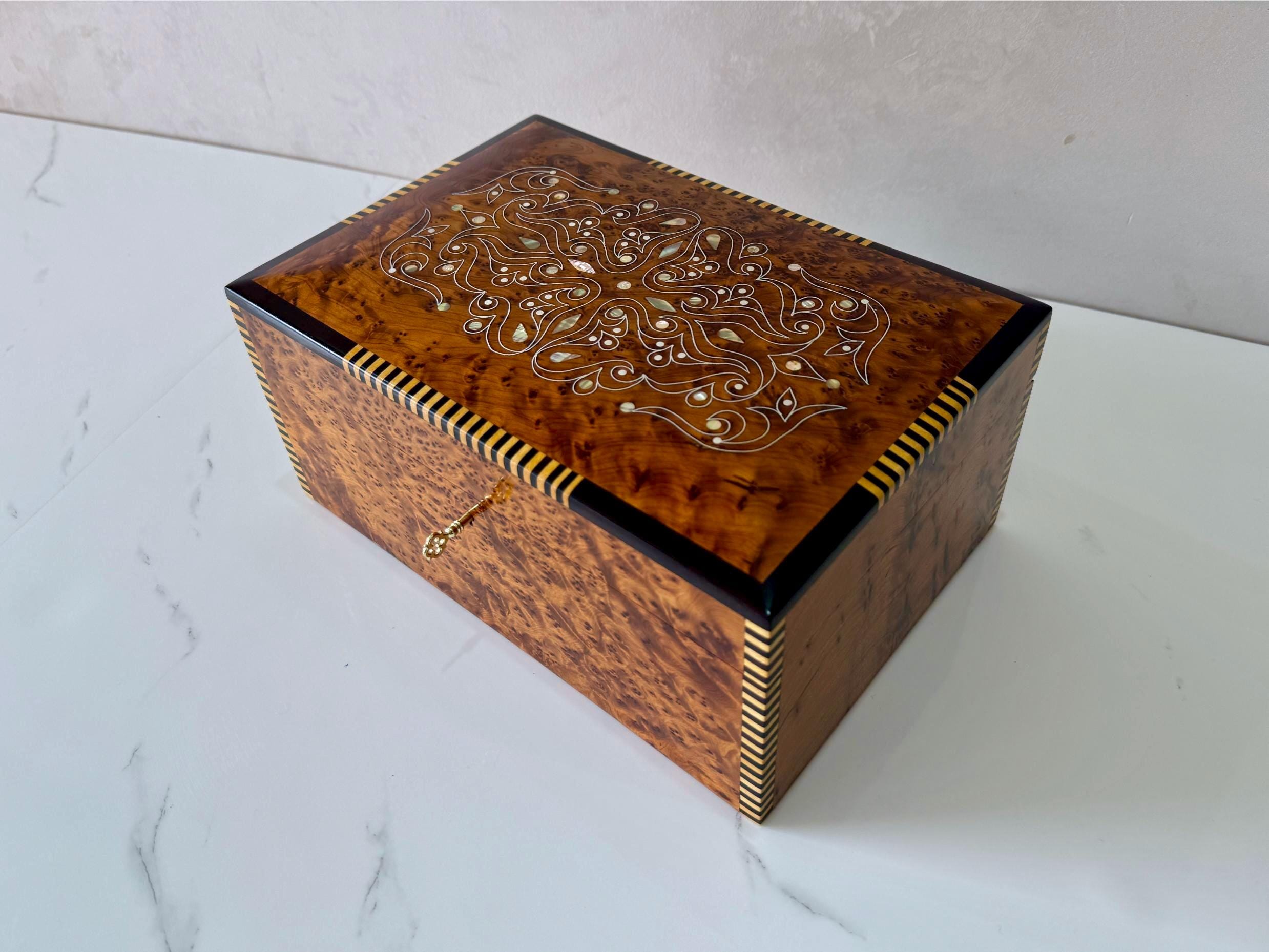 Handcrafted Thuya Burl Wooden Jewelry Box 12x8 in - Moroccan Wood Jewelry Organizer, Lockable Keepsake Box, Watch Box for Men