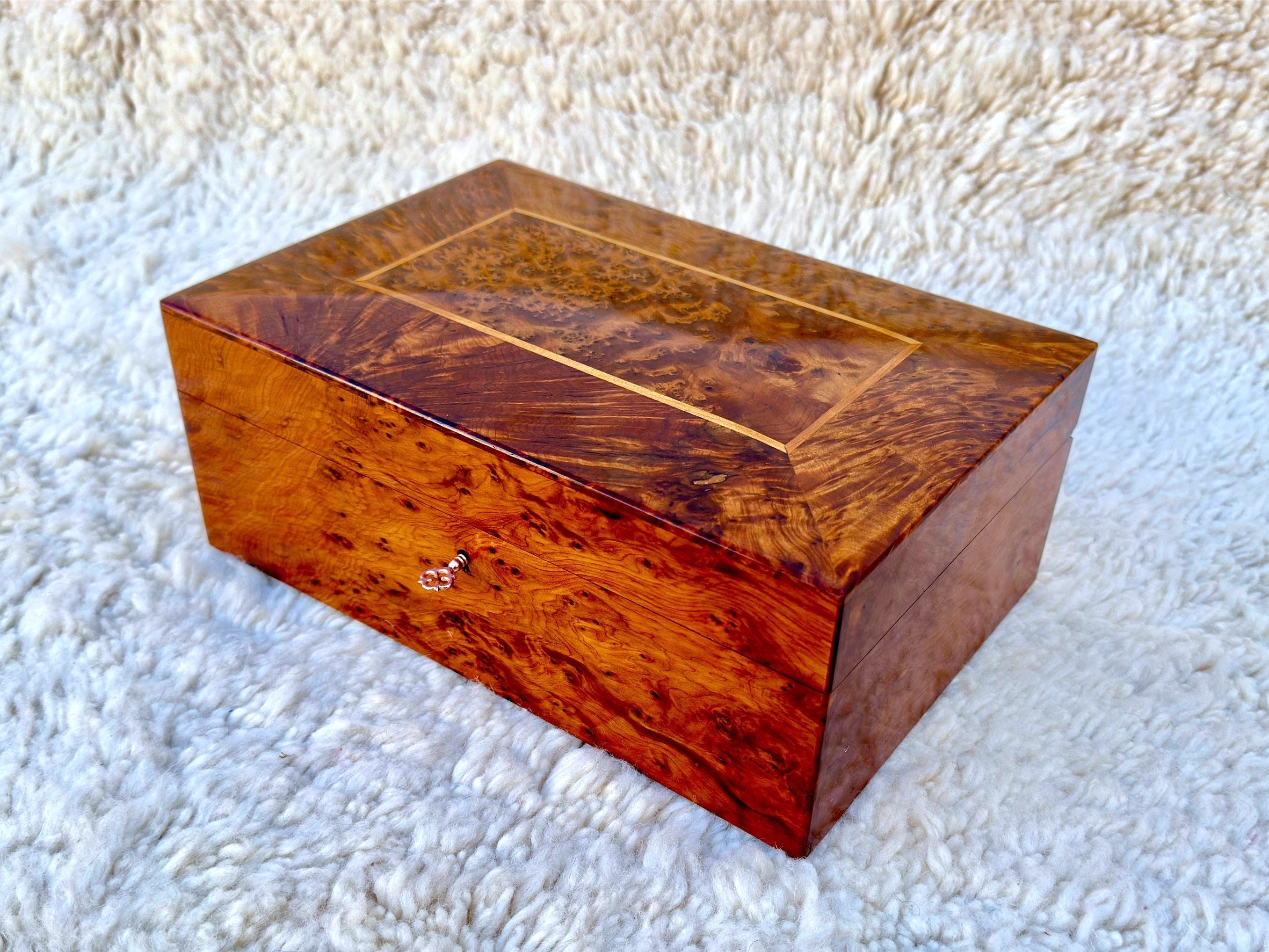 Hand-Crafted Wooden Jewelry Box Made of Thuya Burl With Two Storage Level 12x8in,Women Jewelry Box,Watch Box For Men,Decorative Lockable Box