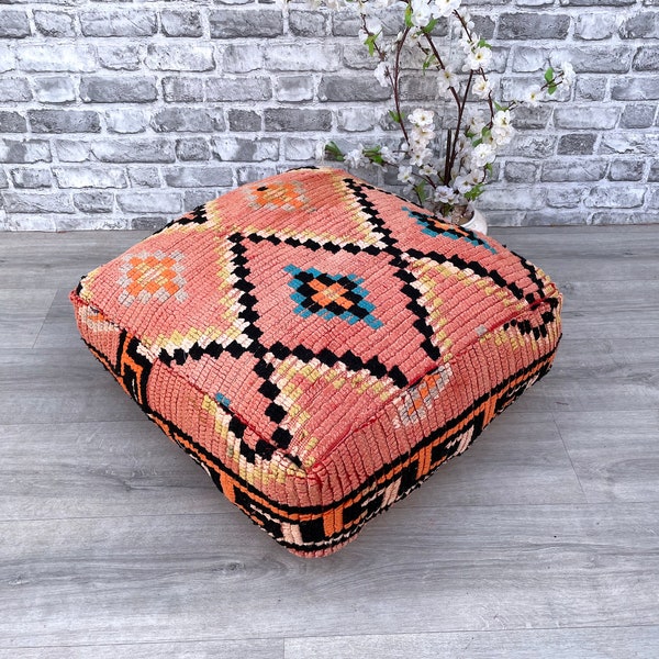 24x24in pillow vintage morocco rug- Home Decor Square Design Boujaad -Footstool Pouf -Wool Handmade Pillow- Floor Cushion Pouf Cover