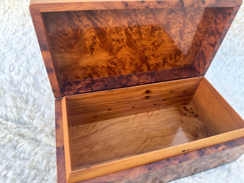 Large handmade wooden jewelry box made of thuya burl wood 10x6in