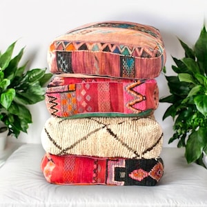 Set of Pouf, Moroccan Kilim Pouf, Floor Pouf, Vintage Moroccan Ottoman, Square Pouf, Yoga Meditation Cushion, Outdoor Kilim Pillows.