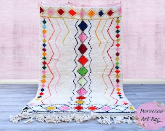 Moroccan rug, beni ourain colorful, handmade moroccan rug 5x8, beni ourain rug, rug white and Orange, Custom rug