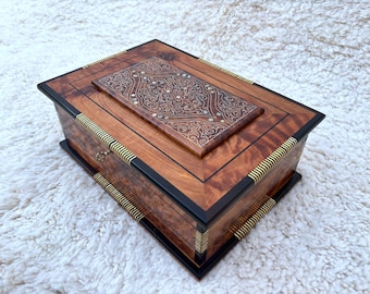 Big Wooden Jewelry Box With Mirror 12x8in- burl wooden box inlaid with mother of pearl,Luxury handmade Jewelry Box.Gifts Women,Lockable Box
