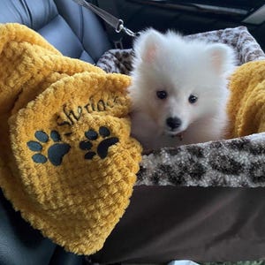 May include: A small white puppy with fluffy fur sits inside a pet carrier. A textured mustard yellow blanket is draped over the side, featuring the embroidered name Sherlock and two black paw prints. The carrier has a brown and white leopard print lining.