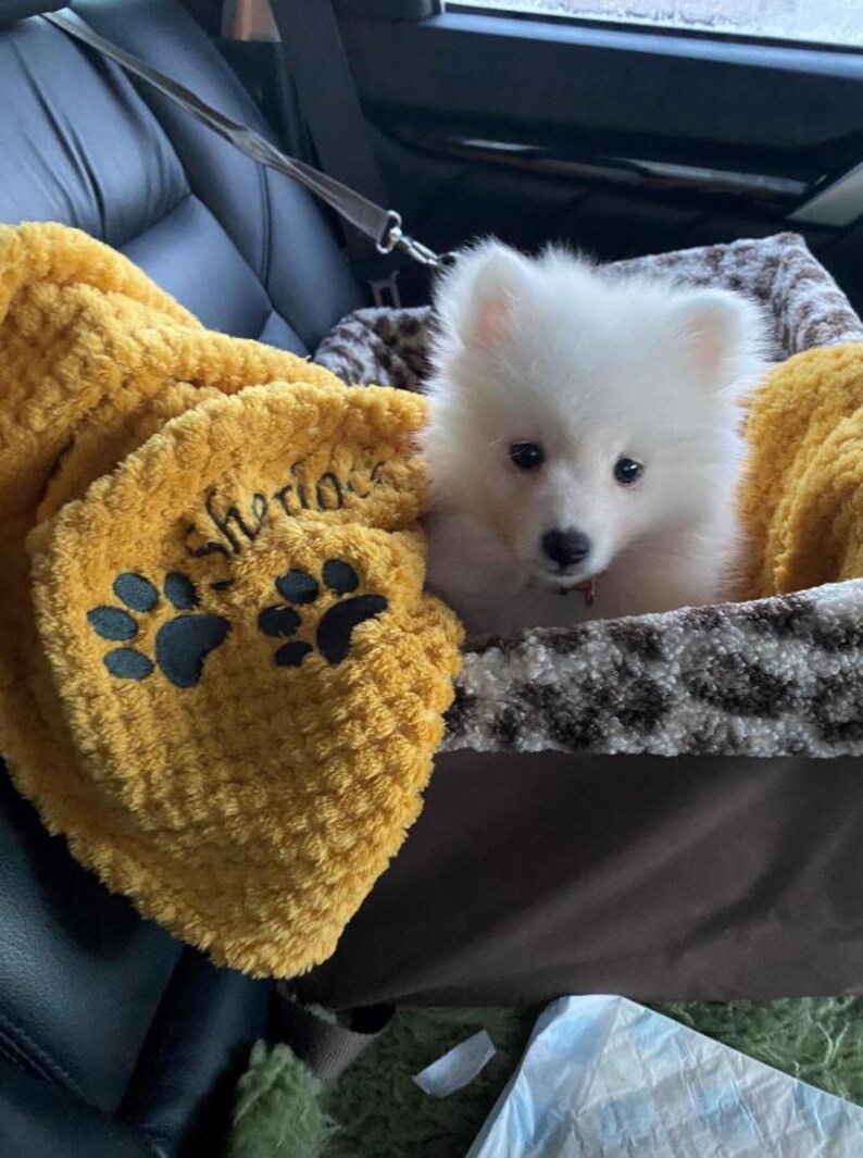 May include: A small white puppy with fluffy fur sits inside a pet carrier. A textured mustard yellow blanket is draped over the side, featuring the embroidered name Sherlock and two black paw prints. The carrier has a brown and white leopard print lining.