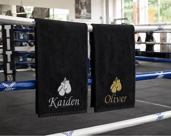 Personalised Embroidered Boxing Towel – Custom Name, Glove Design (100x30cm)