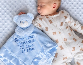 Personalised Newborn Baby gift present - Custom Embroidered with Name, Date & Birth Details