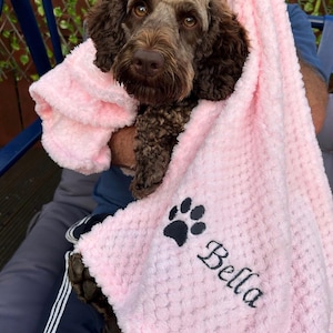 May include: A soft, light pink textured blanket featuring an embroidered black paw print and the name Bella in black script lettering. The blanket is draped over a brown and black curly-haired dog with large, expressive brown eyes.