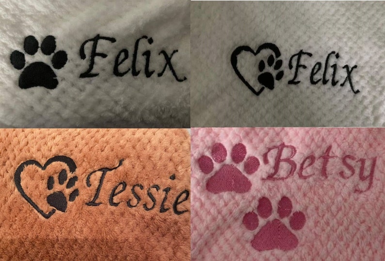 May include: A collage of four textured fabric swatches featuring custom embroidery. The designs include the names Felix, Tessie, and Betsy in script font, accompanied by black or pink embroidered paw prints and heart motifs.