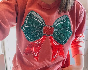 EMBROIDERED Christmas Glitter Bow Sweatshirt | Christmas Crewneck | Holiday Crewneck | Cute Christmas Sweatshirt | Embroidered Sweatshirt
