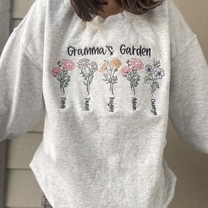 Personalized Grandma&#39;s Garden EMBROIDERED Crewneck | Embroidered Sweatshirt | Mom Crewneck | Grandma | Custom Sweatshirt | Birth Flowers