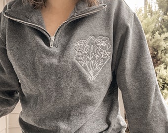 Floral Diamond EMBROIDERED Pullover Zipper Sweatshirt | Embroidered Apparel Sweatshirt | Custom Quarter Zip Sweatshirt
