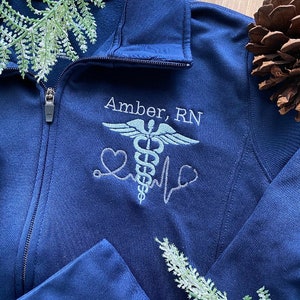 Nurse Full Zip Personalized EMBROIDERED Jacket | Embroidered Polyester Jacket | Doctor Jacket | Custom Medical Zipper Jacket | RN