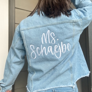 Custom Crop Name Embroidered Denim Jacket | Teacher Apparel | Bride Jacket | Wedding Denim Jacket | Bridal Gift | Personalized Denim Jacket