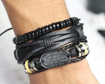 Psalm 18 Bracelet, Leather Christian Cuff for Men, Engraved Bible Verse Bracelet, Faith Gift for Him