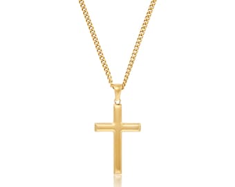 Collar con cruz dorada para hombre, colgante cristiano de acero inoxidable resistente al agua, cadena de eslabones de 50 cm, regalo para él, regalo de bautismo o confirmación.