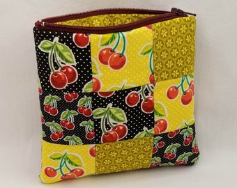 Cherry patchwork zipper bag, makeup pouch, black yellow, polka dot