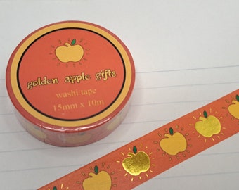 Washi tape, Golden Apple Gifts, red with gold shiny foil, repositionable craft bullet journal