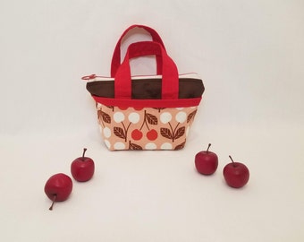 Cute cherry handbag with pockets, pink with red & white cherries