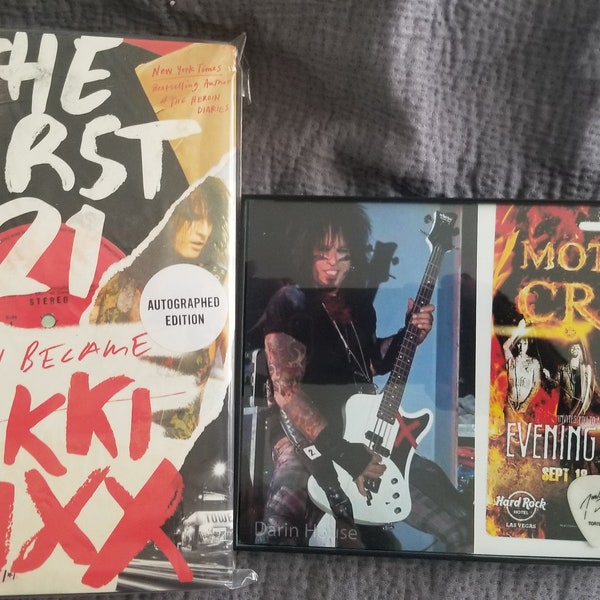 Nikki Sixx AM Motley Crue signed First 21 Book +  Guitar Pick Photo Display COA