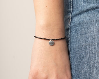 Personalized Black Spinel Bracelet with Sterling Silver Hand Stamped Initial Disk Charm