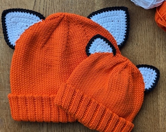 Handgestrickte Baumwollmütze mit Fuchsohren: Mütze mit Waldtiermotiv