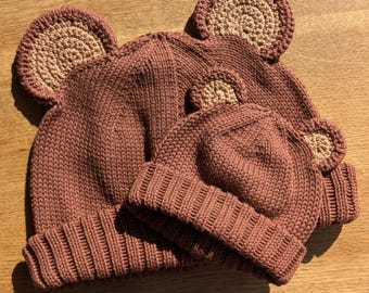 Hand Knit Cotton Bear Ear Hat: Matching Family Beanies