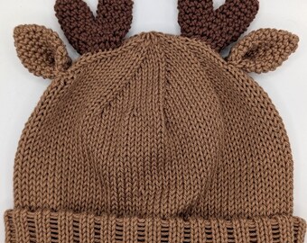 Hand Knit Cotton Reindeer Hat with Antlers - Christmas Beanie