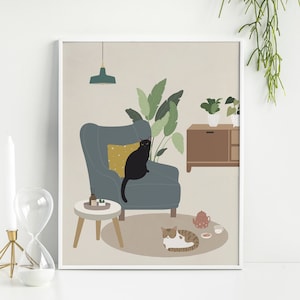 Resting Cats and Plants Wall Art Print | Cat and  Plant Lovers Gift | Cute Cat Wall Decor