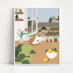 Art mural de chat de chalet, décor de mur mignon, affiche relaxante pastel, cadeau d'amant de chat