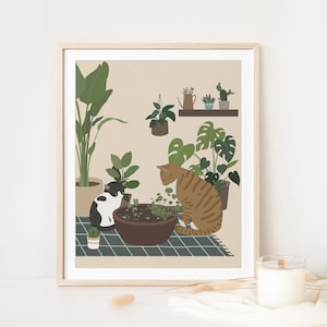 Cat and Goldfish Wall Art Print, Cute Cat Poster, Botanical Decor