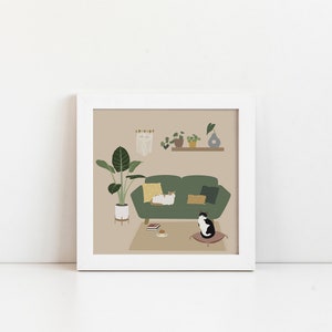 Cats In Living Room Wall Art Print | Cats And Plants | Cute Cat Wall Art | Cat Lovers Gift