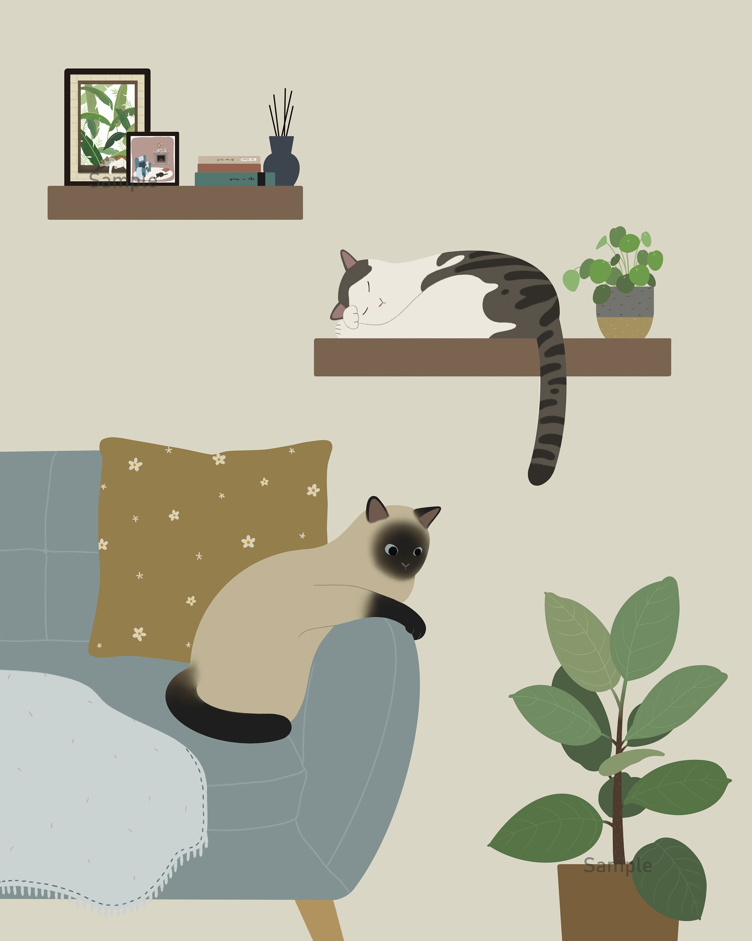 Resting Cats Wall Art Print Cats and Plants Poster Cute Etsy Canada