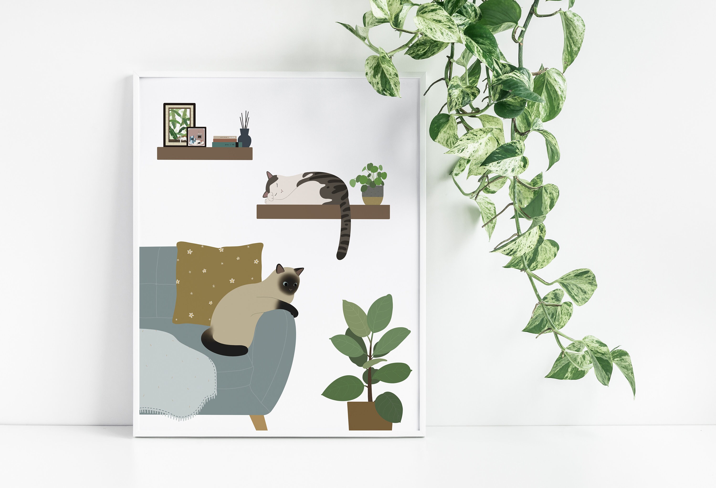 Resting Cats Wall Art Print Cats and Plants Poster Cute Etsy