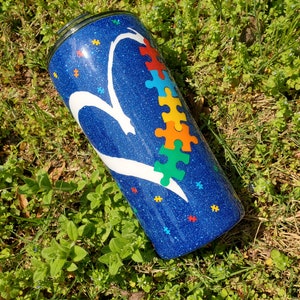 24oz Glittered and Epoxied Autism Awareness Stainless Steel Tumbler with Lid and Straw
