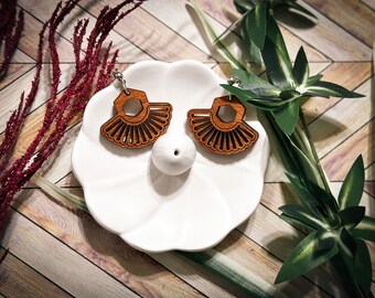 Handmade Mahogany Wooden Earrings | Gold or Silver Finishes | Fan
