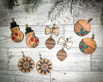 Christmas Earrings | Wooden Statement Earrings | Snowman, Floral, Snowflake, Bows, Lights, Mistletoe